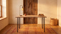 Live Edge Hairpin Table Desk staged in a warm rustic home office