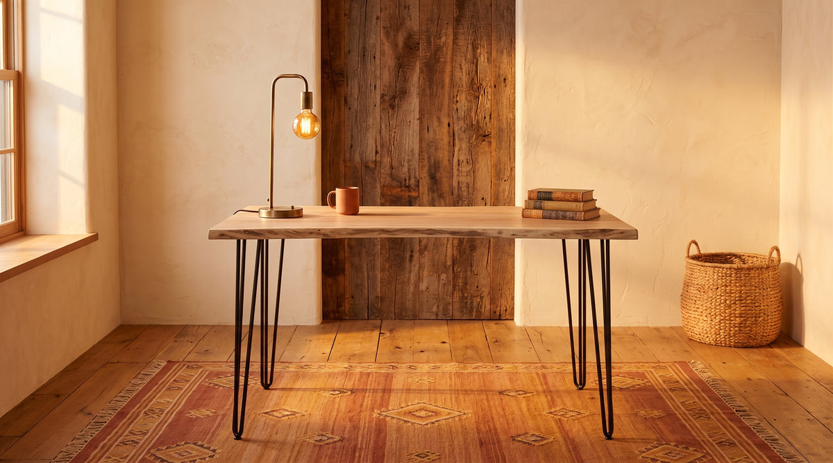 Live Edge Hairpin Table Desk staged in a warm rustic home office