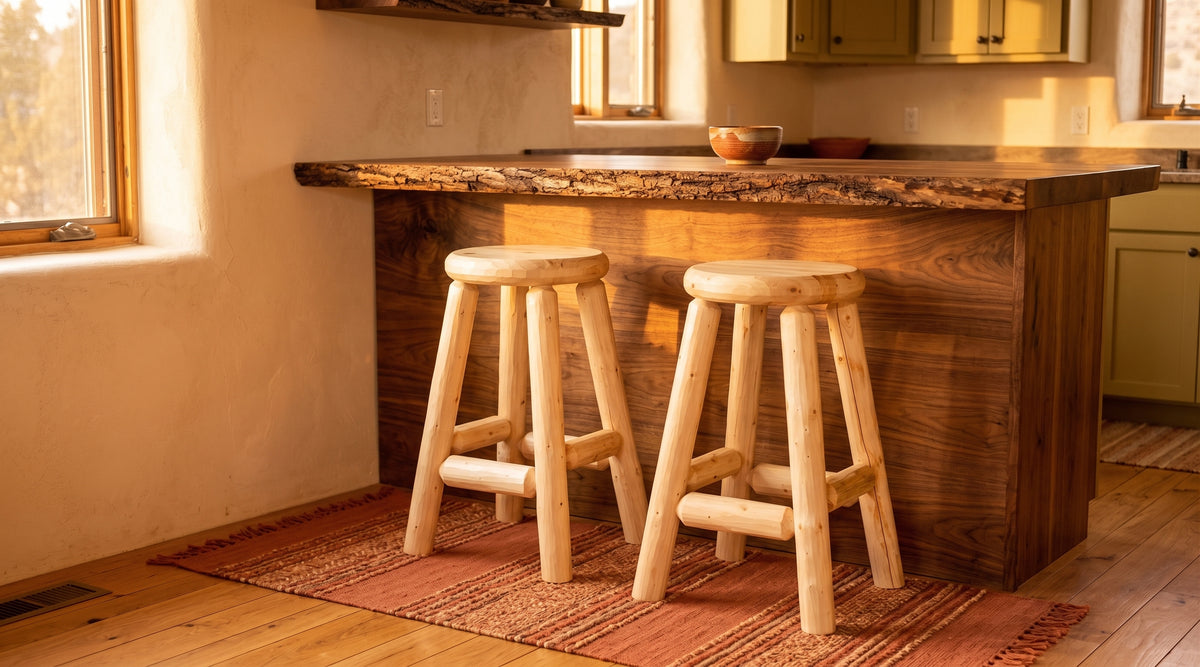 Log Pub Stools at a live edge bar in a warm rustic kitchen