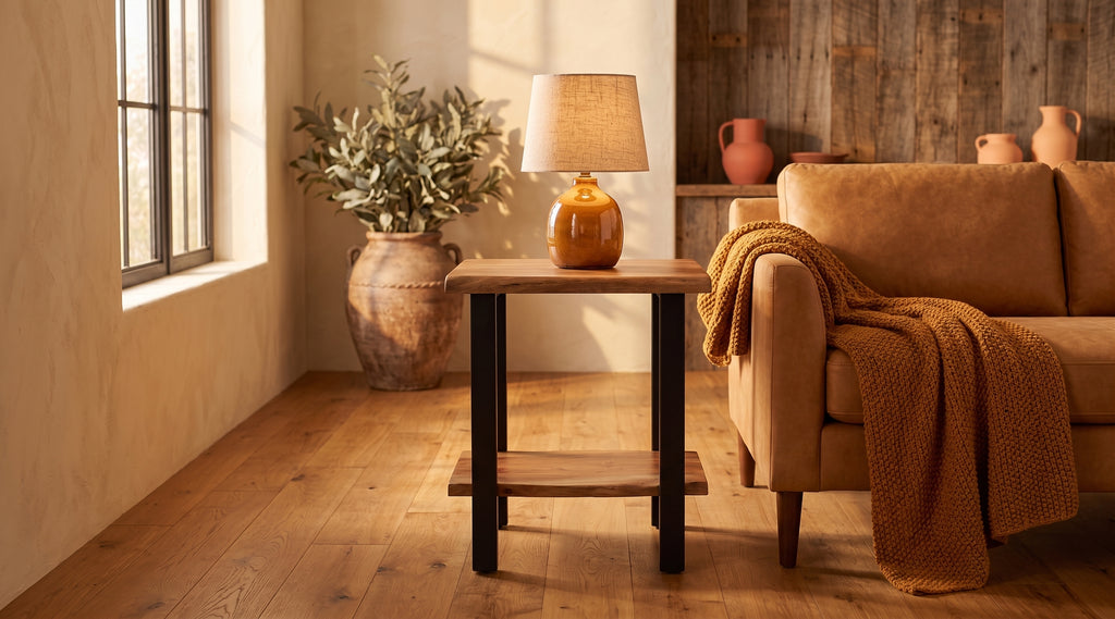 Live edge side table with black metal legs beside a caramel sofa in a warm rustic living room