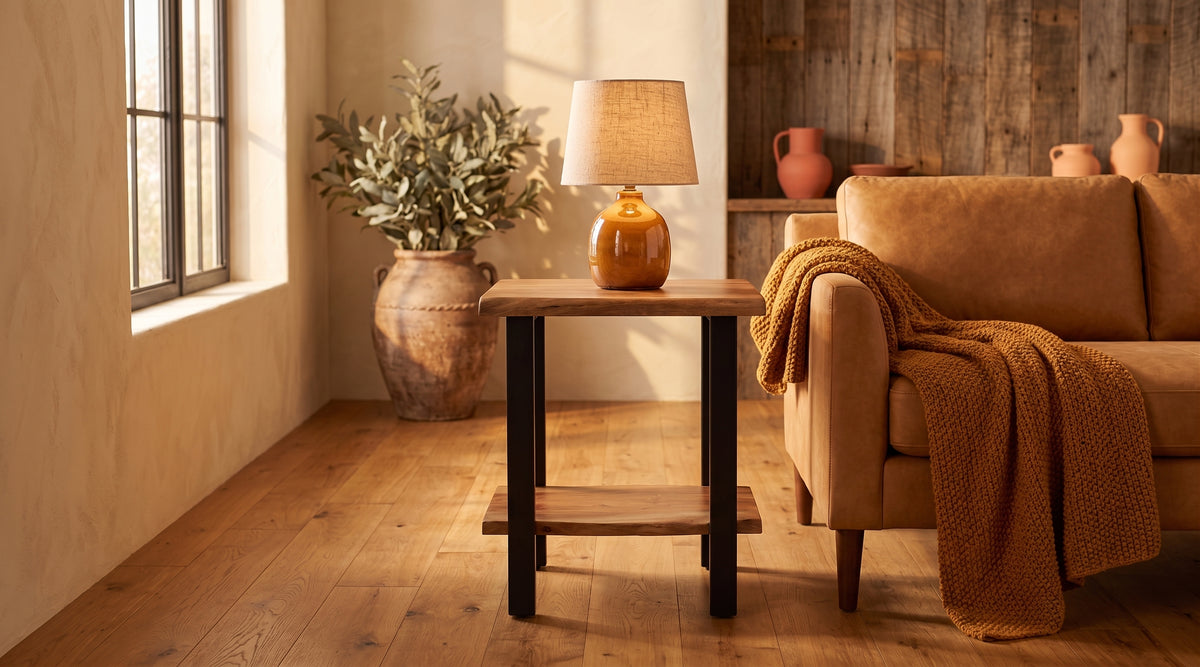 Live edge side table with black metal legs beside a caramel sofa in a warm rustic living room