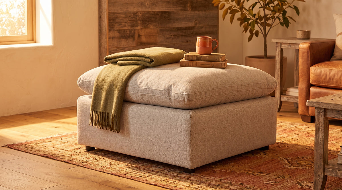 My Cloud 40 inch Ottoman staged in a warm cozy rustic living room