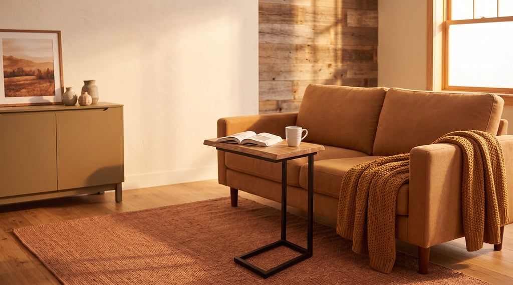 Live edge C-table sliding under a caramel sofa in a warm rustic living room with a terracotta rug