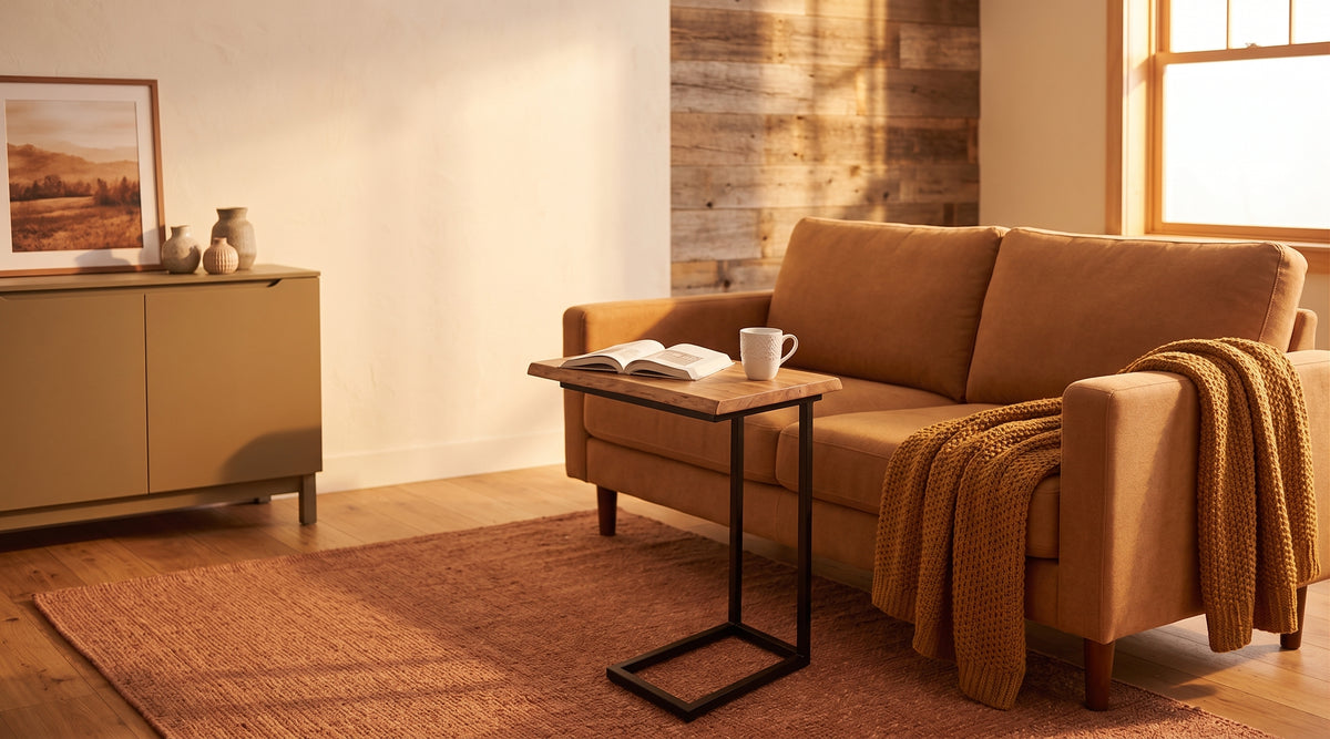 Live edge C-table sliding under a caramel sofa in a warm rustic living room with a terracotta rug