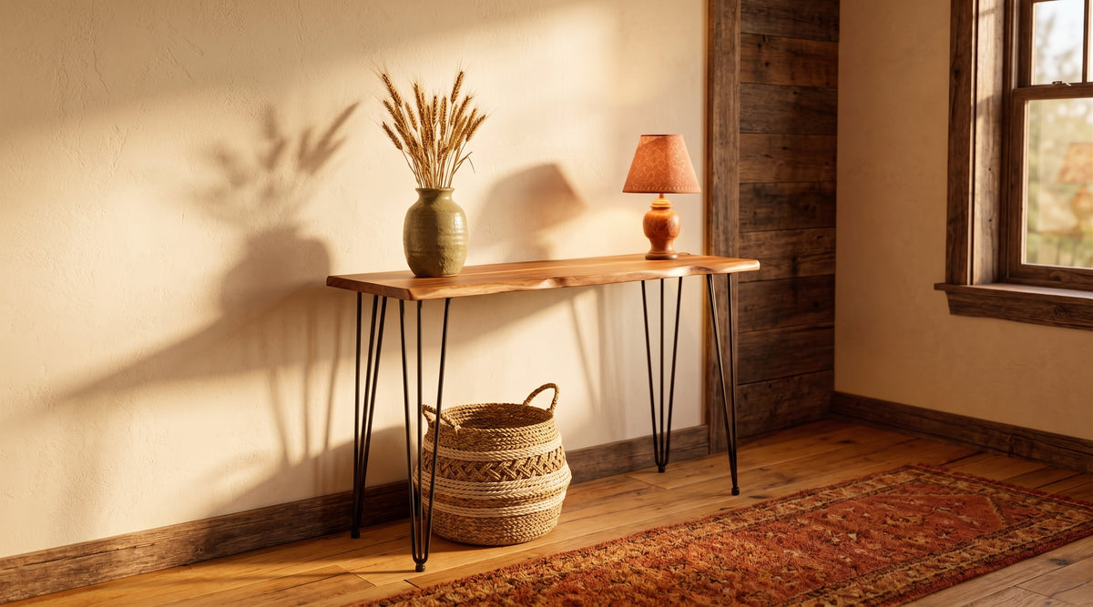 Live edge hairpin console table in a warm rustic entryway with honey-oak floors, barnwood wall and a terracotta runner