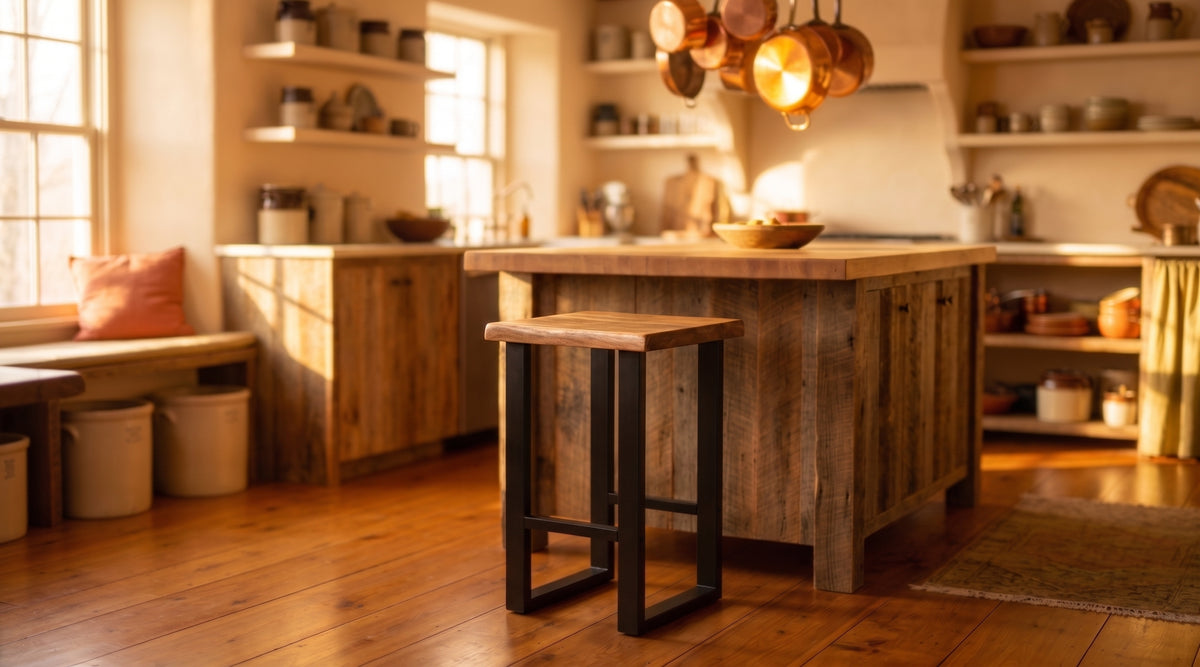 Live edge counter stool with black metal frame beside a reclaimed barnwood kitchen island in golden-hour light