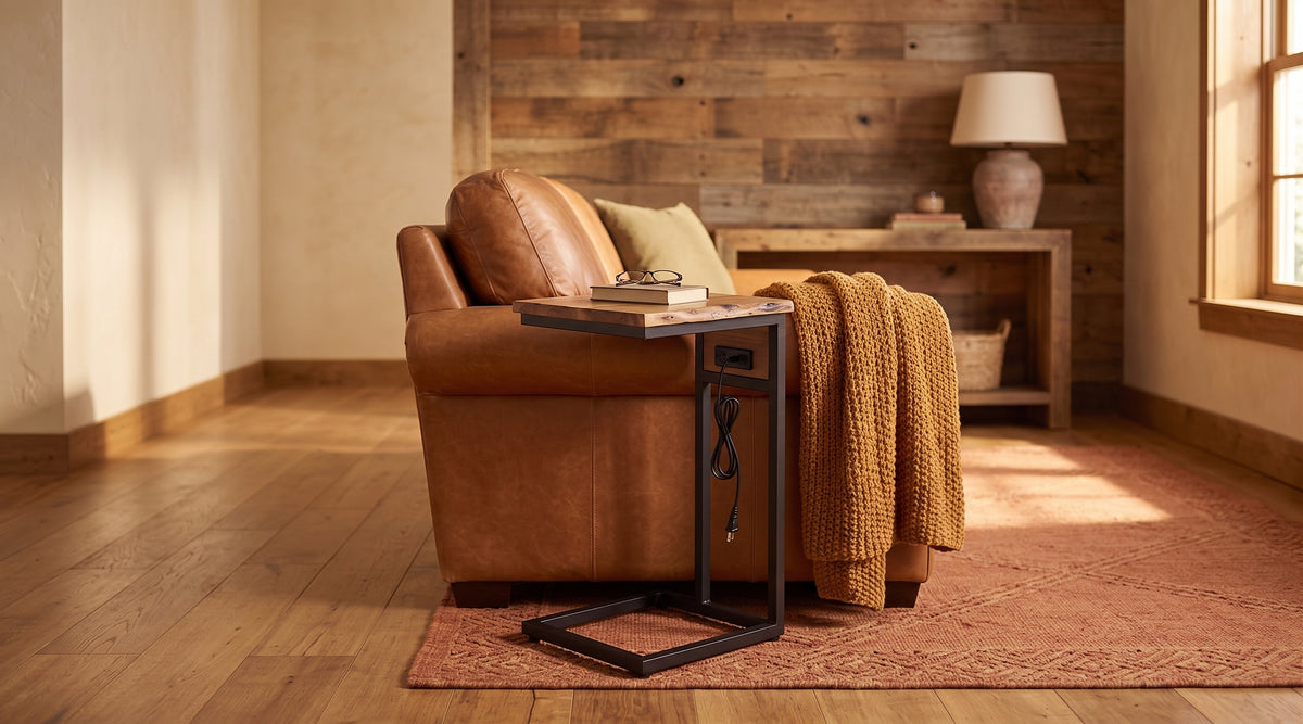 Live edge USB C-table with built-in outlet sliding under a caramel leather chair in a warm rustic living room