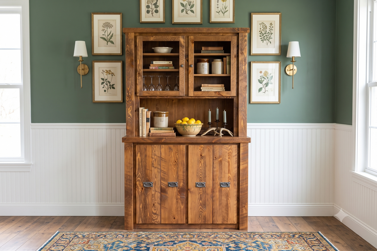 Barnwood buffet and hutch styled against a sage-green wall