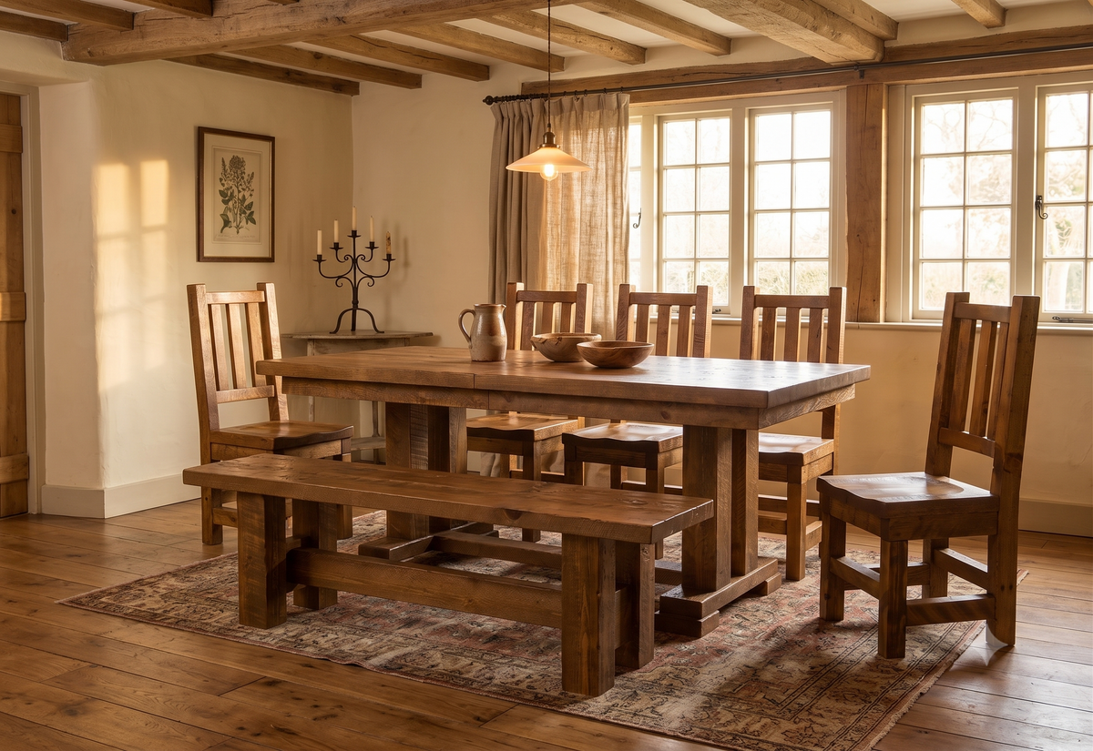 Barnwood dining bench styled in a beamed cottage
