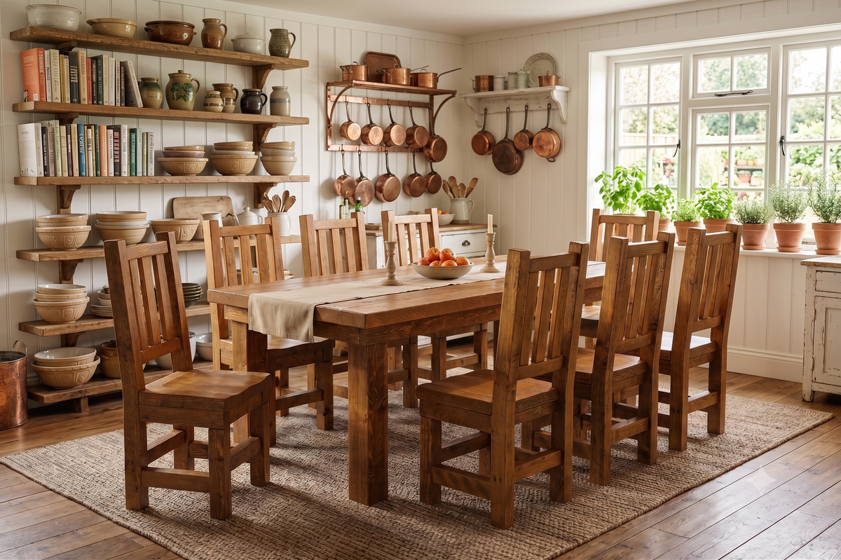Barnwood farm table styled in a shiplap farmhouse kitchen