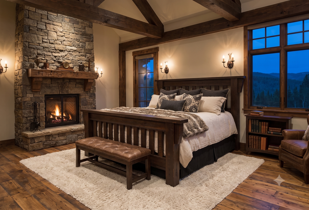 Timberwood bed styled in a warm cabin bedroom