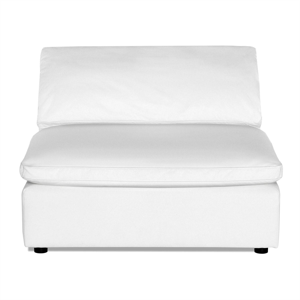 The Peyton Armless chair, in white, features a cushioned backrest and seat, ideal for modern living spaces. Its minimalist design includes small round black legs and is perfect as a sectional piece in any refined setting.