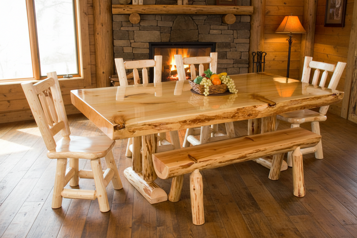 Slab Log Table with liquid glass staged in a log cabin dining room with stone fireplace