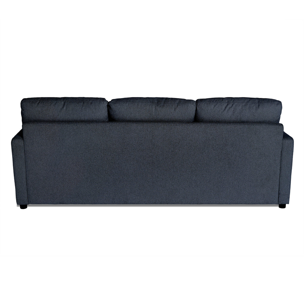 The image showcases the back view of a My Cloud Sofa, a dark blue-gray piece with three cushioned seat backs. It features soft fabric upholstery and is set against a plain white background, embodying customizable comfort and style.