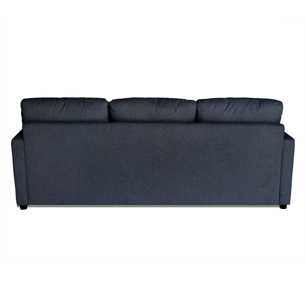The image showcases the back view of a My Cloud Sofa, a dark blue-gray piece with three cushioned seat backs. It features soft fabric upholstery and is set against a plain white background, embodying customizable comfort and style.