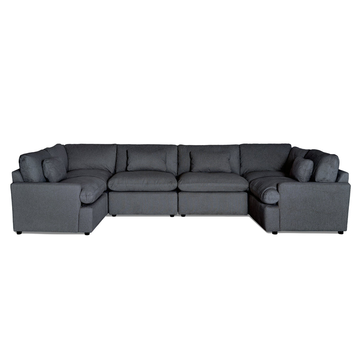 Explore the My Cloud 6 Piece Pit: a spacious, dark gray sofa with plush cushions. Its the Worlds Greatest & Most Comfortable Sofa, featuring modern design and clean lines. Customizable to form an elegant L-shape, its perfect for any large living room.