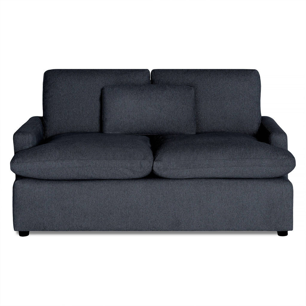 The My Cloud Loveseat, with its plush dark gray cushions and minimalist design, stands out elegantly against a white background, offering stylish comfort with its central cushion for added luxury.