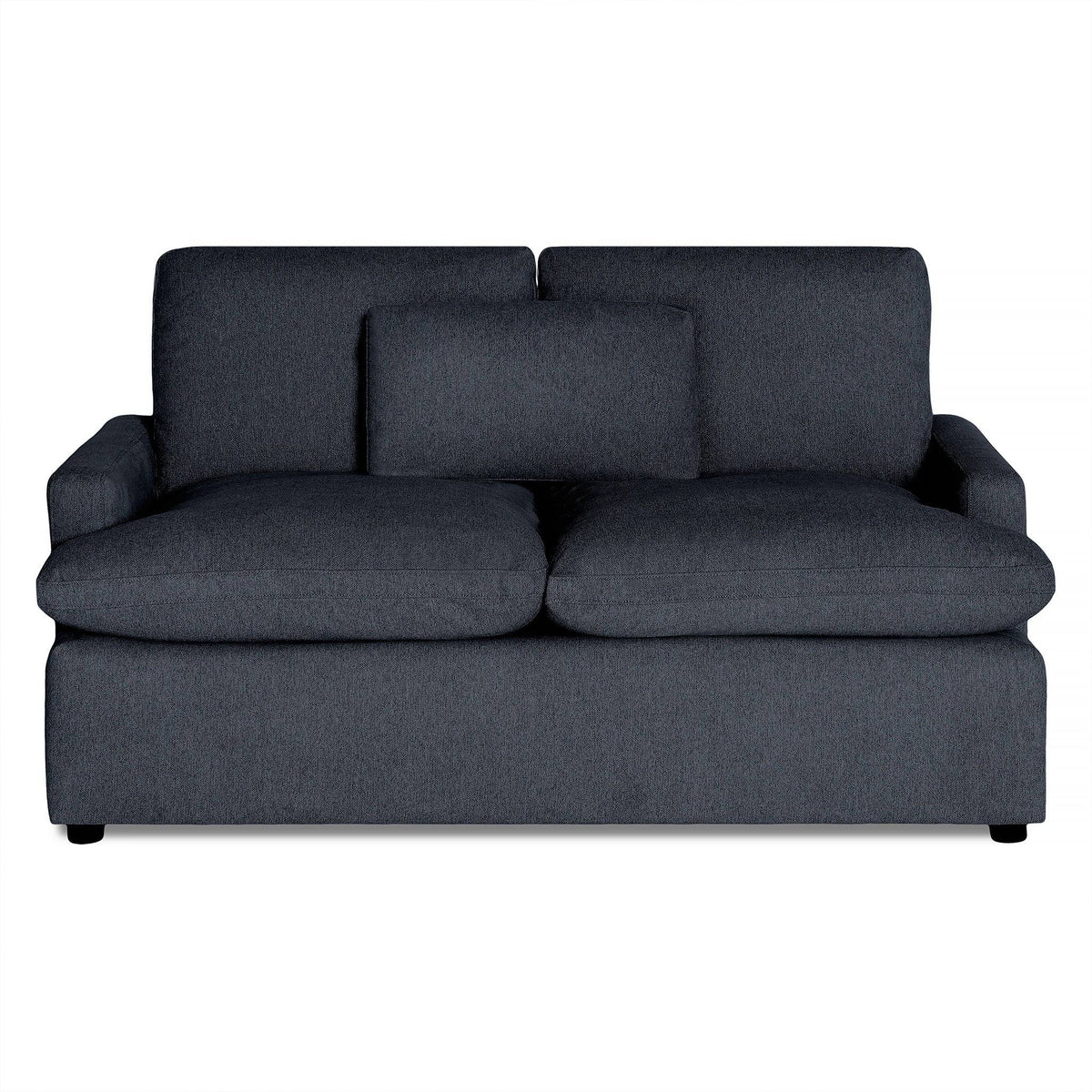 The My Cloud Loveseat, with its plush dark gray cushions and minimalist design, stands out elegantly against a white background, offering stylish comfort with its central cushion for added luxury.