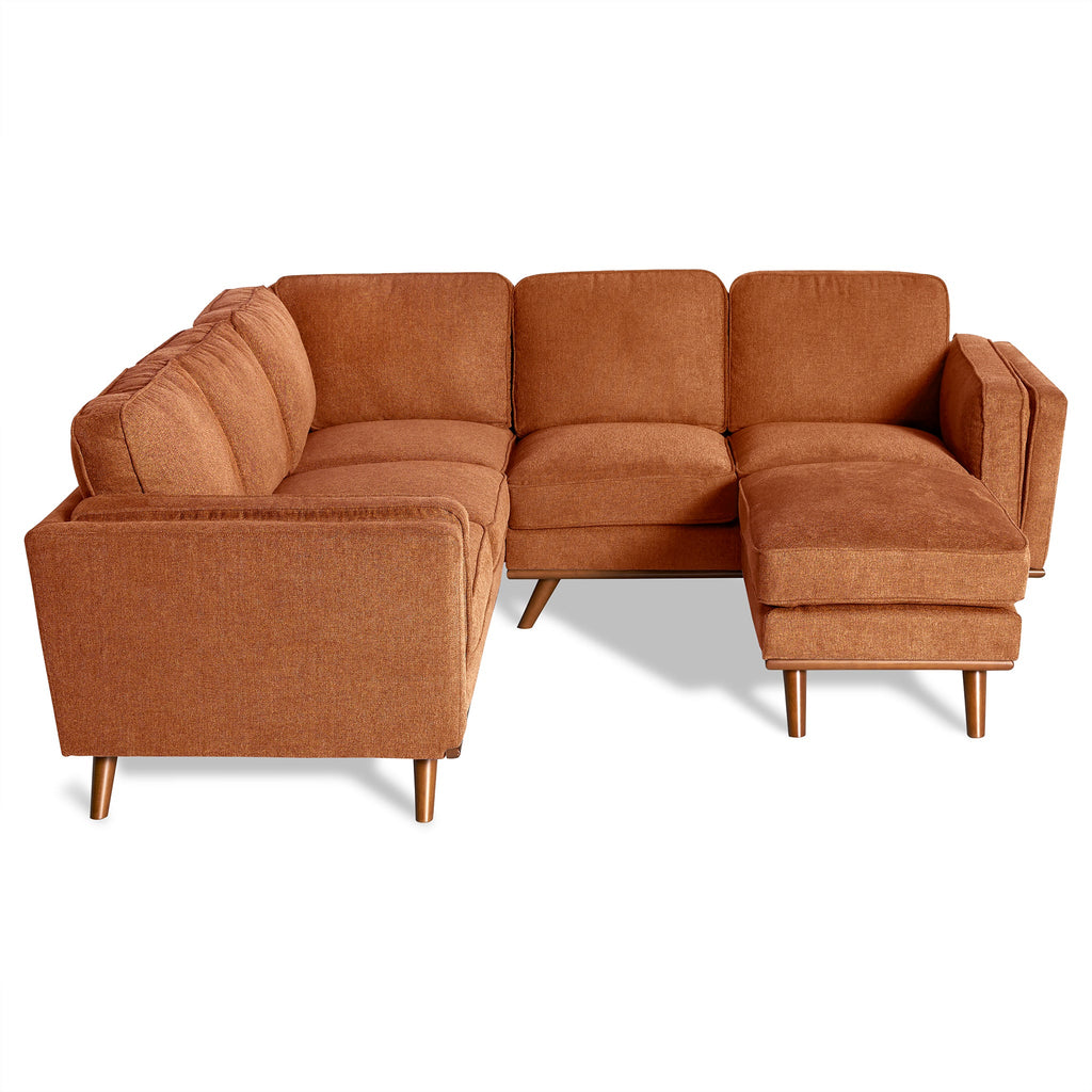 The Maddox is a brown L-shaped sectional with plush cushions and wooden legs, embodying mid-century modern elegance. Perfectly set against a white background, it adds timeless sophistication to any living room.
