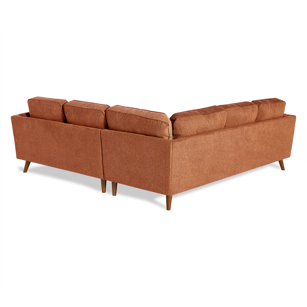 The Maddox sectional sofa is ideal for any living room, featuring a modern mid-century design with clean lines, rust-colored upholstery, and wooden legs. Its minimalist look includes multiple cushions resting against a simple white backdrop.