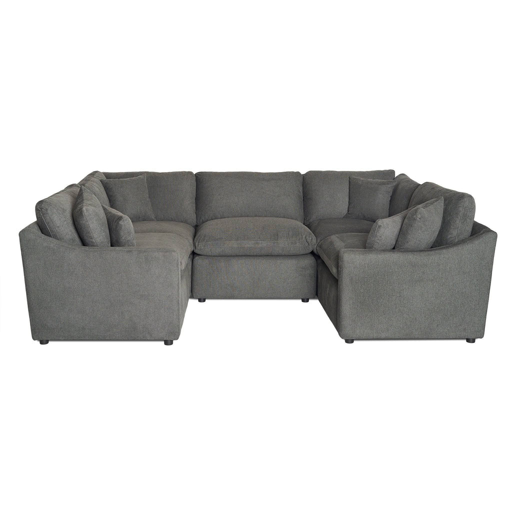 The My Cloud / Slope Arm is a large, gray U-shaped sectional sofa with a textured fabric finish. It provides comfort and style, boasts multiple cushions for seating and back support, and offers a modern and spacious look thats perfect for any living room.