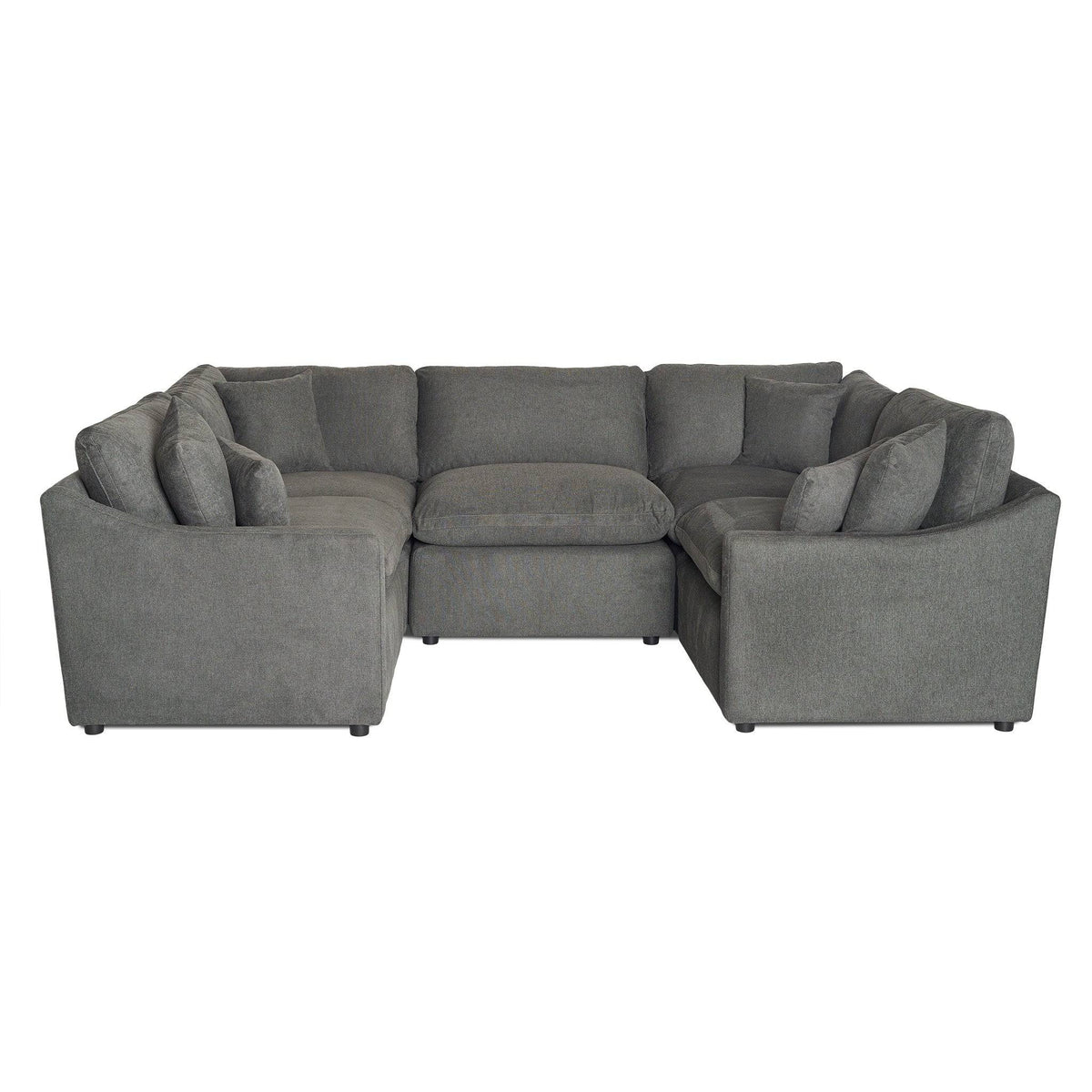 The My Cloud / Slope Arm is a large, gray U-shaped sectional sofa with a textured fabric finish. It provides comfort and style, boasts multiple cushions for seating and back support, and offers a modern and spacious look thats perfect for any living room.