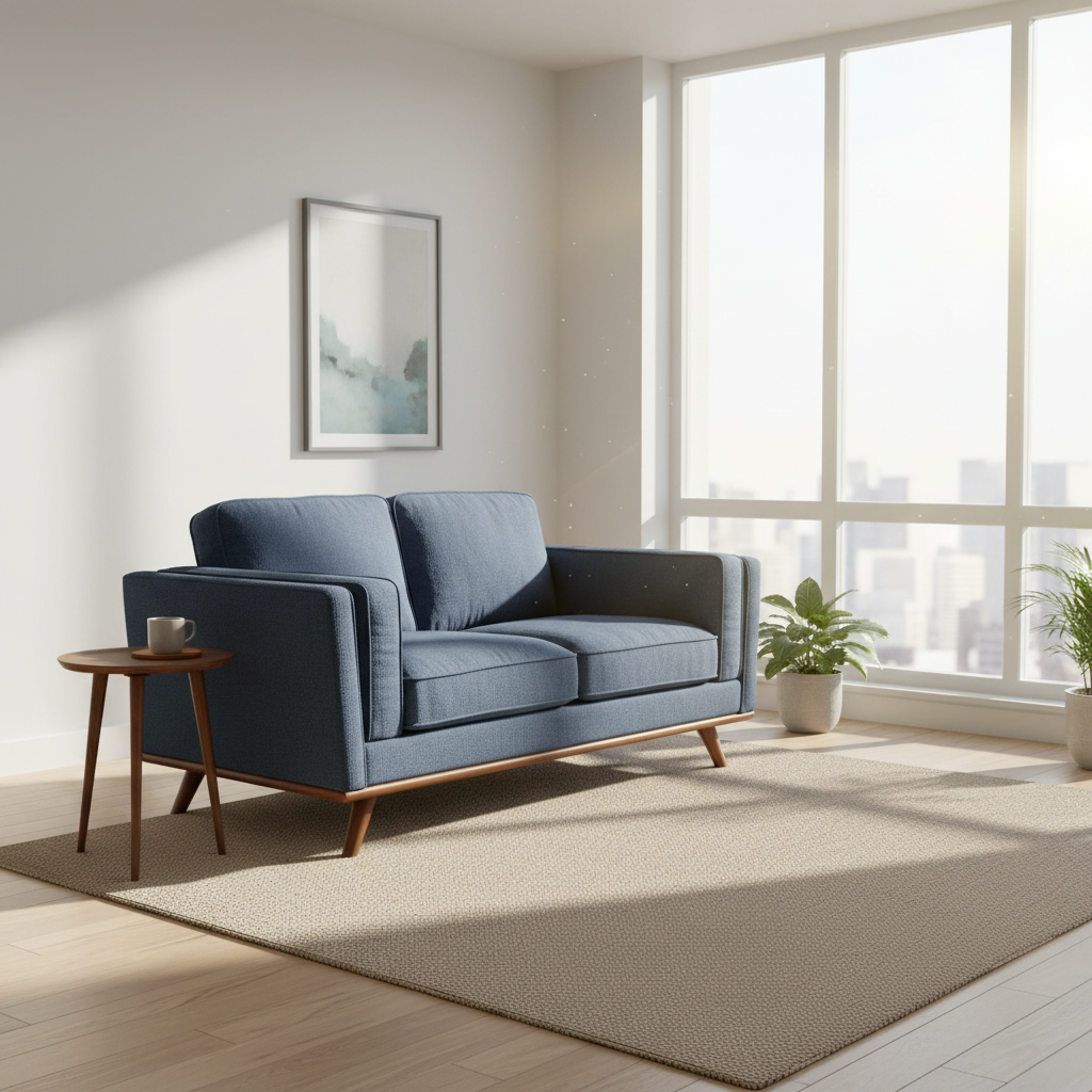 Maddox Loveseat staged in a bright airy apartment with morning light