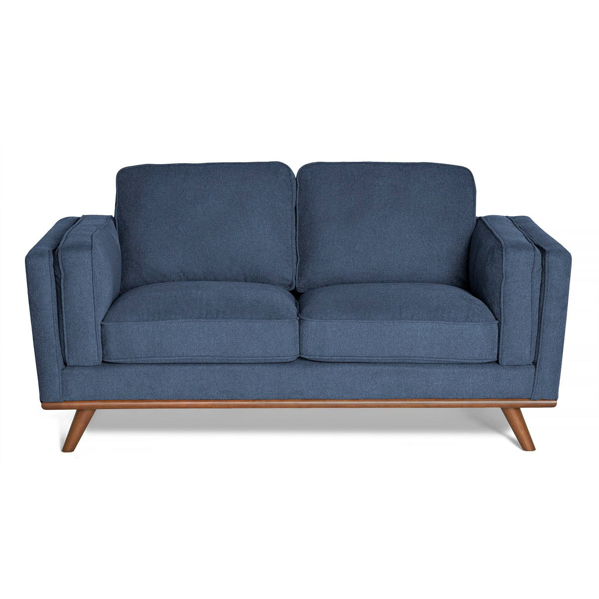 The Maddox Loveseat is a blue, mid-century modern piece with square cushions, wide armrests, a sturdy wooden base, and angled legs for durability and contemporary style.