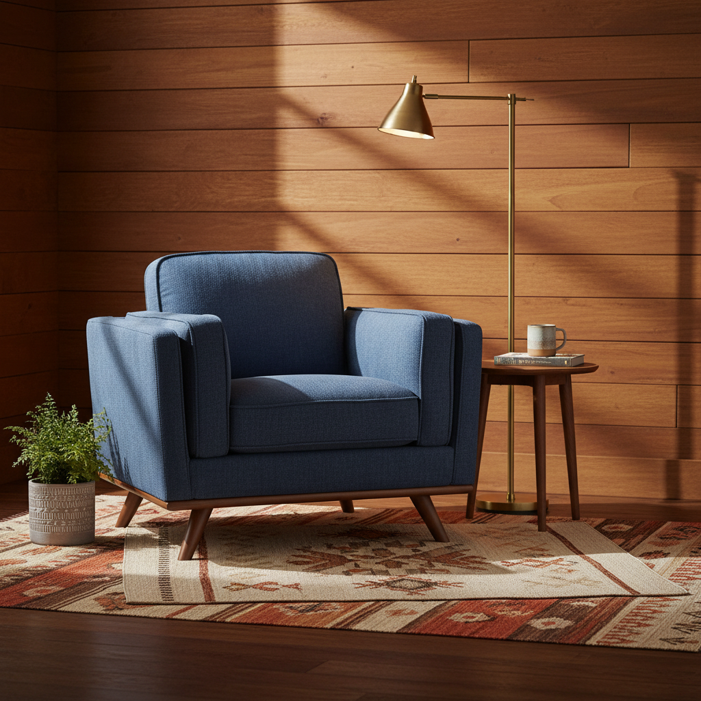 Maddox Chair staged in a cozy wood-paneled den with brass floor lamp