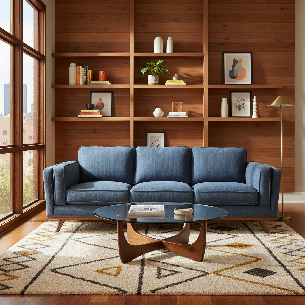 Maddox Sofa staged in a mid-century modern living room with walnut shelving