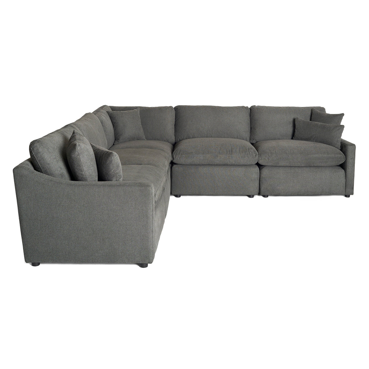 Discover the My Cloud Slope 5 Piece L: a large gray L-shaped sectional with cushioned seats, subtle curved armrests, and textured upholstery. It offers style and ultimate comfort in your living space, sitting on short, dark wooden legs.