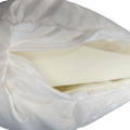 A close-up of the My Cloud Classic Cushion Core reveals its foam insert through a partially unzipped white cover. The slightly wrinkled fabric showcases the soft, supportive foam inside. Ideal for those needing affordable replacement covers, set against a plain green background.