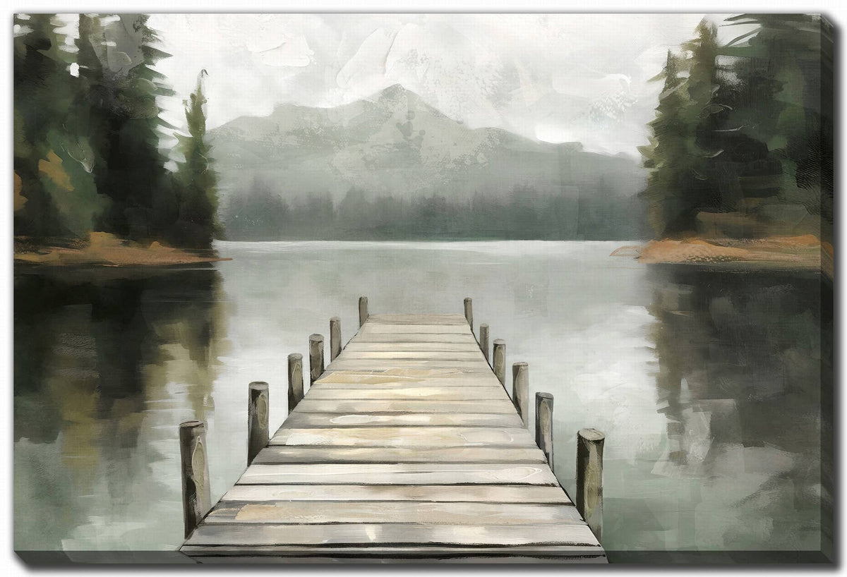 Tranquil Waters canvas wall art — dock on a misty lake