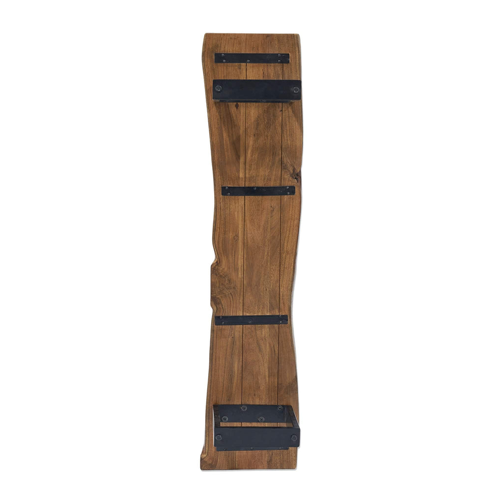 A handcrafted rustic wooden wall shelf with a live edge and four evenly spaced black metal brackets, featuring a rich brown finish that highlights its grain and texture, reminiscent of the Live Edge Bench.