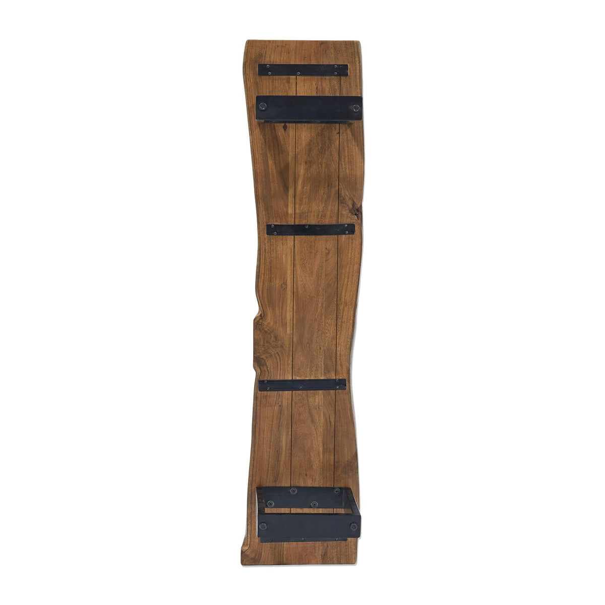 A handcrafted rustic wooden wall shelf with a live edge and four evenly spaced black metal brackets, featuring a rich brown finish that highlights its grain and texture, reminiscent of the Live Edge Bench.