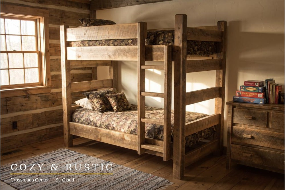 Barnwood Bunk Bed - wide cabin bedroom view