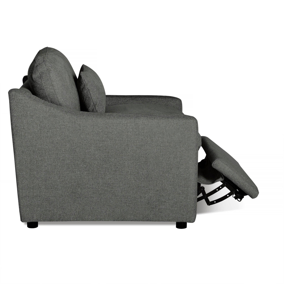 Side view of the My Cloud Slope Power Recliner sofa in gray fabric featuring an extended footrest. With two large cushioned backrests and armrests, it offers a modern, comfortable design—customizable furniture that truly feels like sinking into My Cloud.
