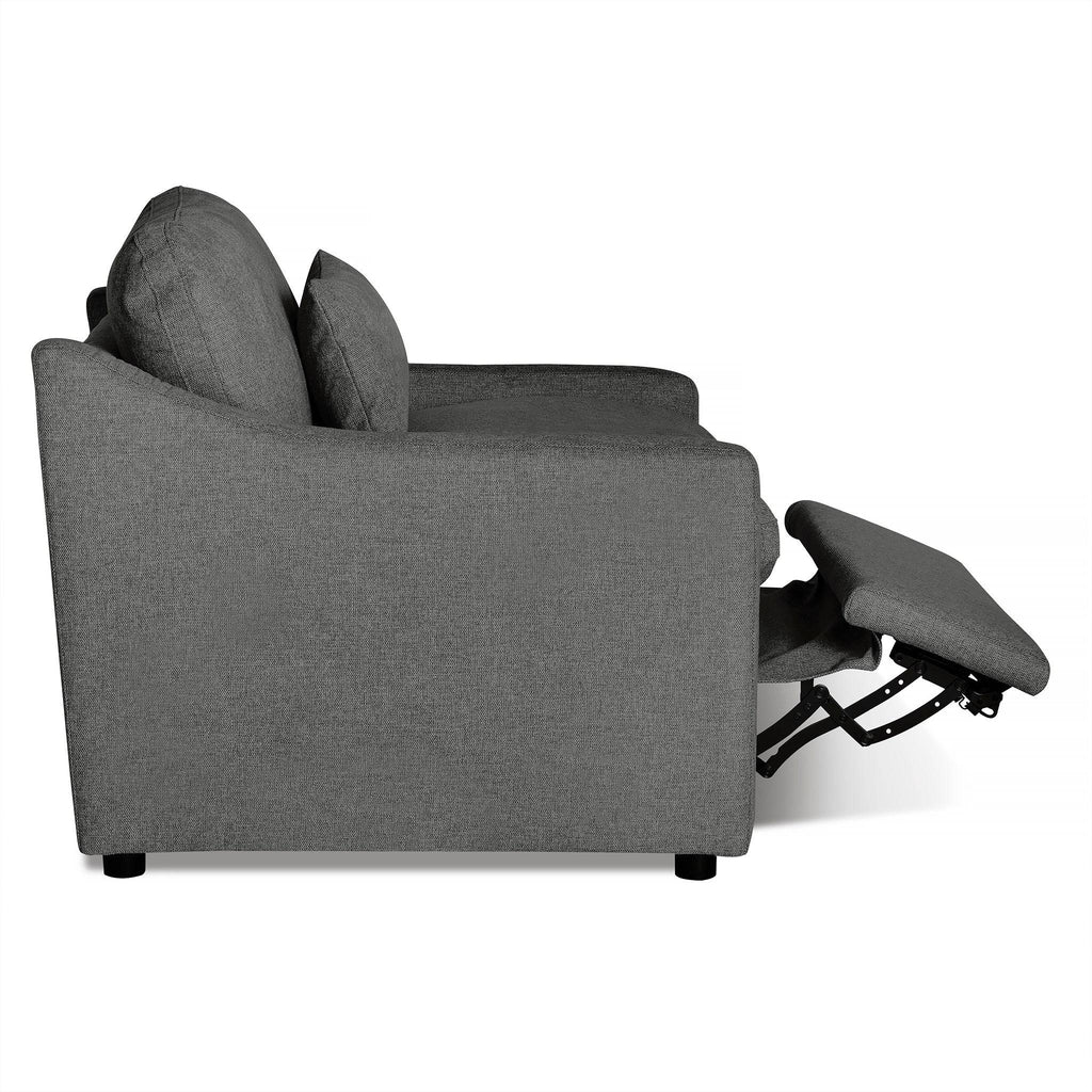 Side view of a My Cloud Slope Power Recliner in grey with its footrest extended. The soft fabric, plush back cushions, and rounded armrests offer a comfortable and inviting look.