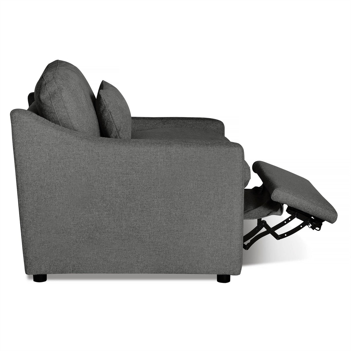 Side view of a My Cloud Slope Power Recliner in grey with its footrest extended. The soft fabric, plush back cushions, and rounded armrests offer a comfortable and inviting look.