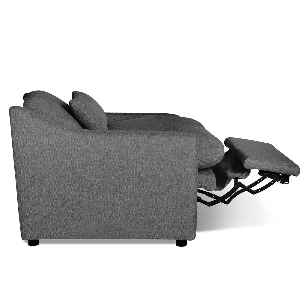 Side view of the My Cloud Slope Power Recliner, featuring a modern gray design with plush cushions, a reclined seat, an extended footrest, and supported by a metal mechanism for smooth reclining.