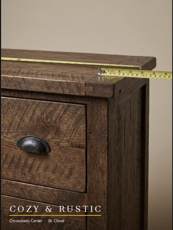Barnwood 10 Drawer Chesser corner joinery and forged-iron pull detail