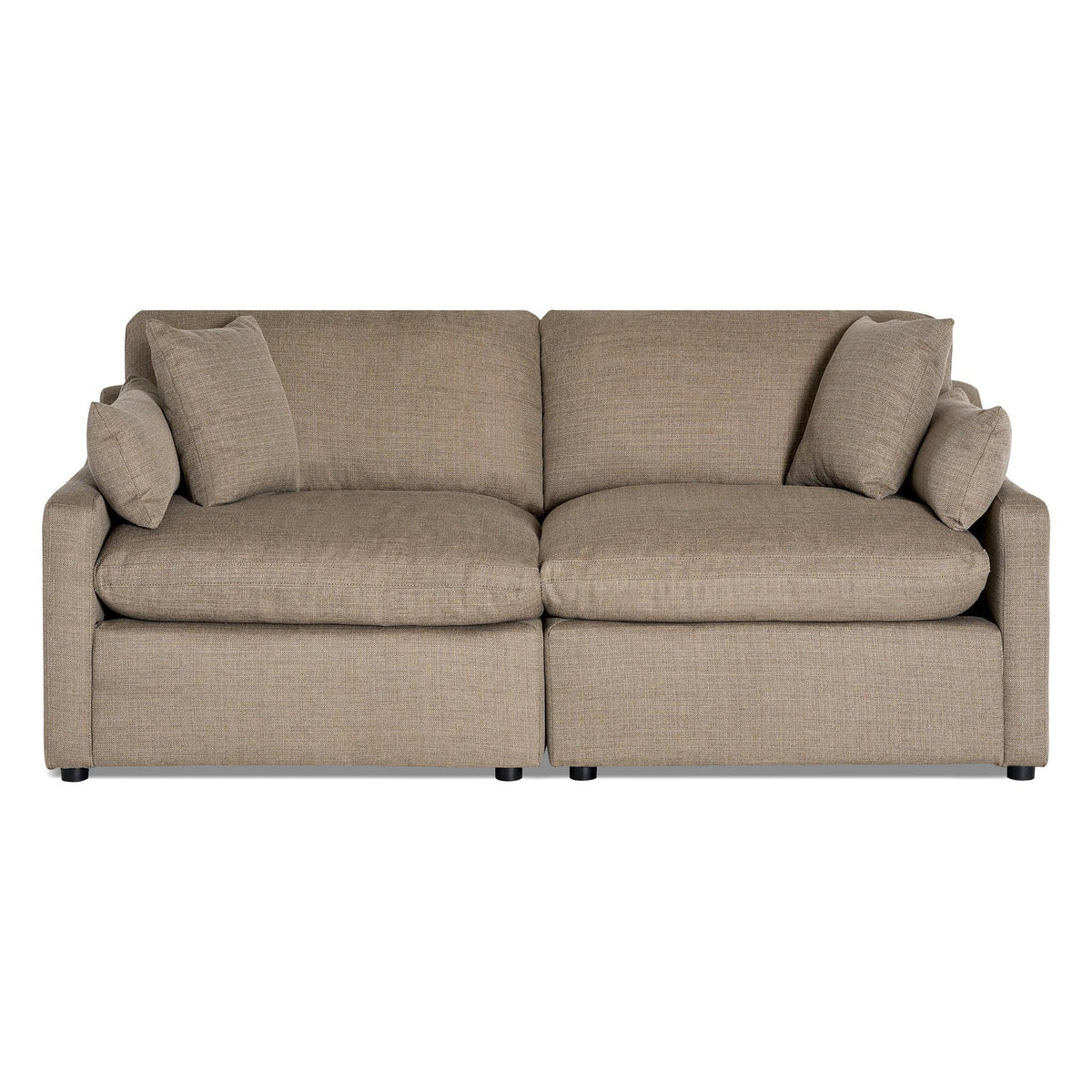 The My Cloud / Slope Arm is a tan, two-seater sofa with puffy cushions and rectangular armrests. It features machine-washable covers and comes with two matching throw pillows on each side, all set against a plain white background.