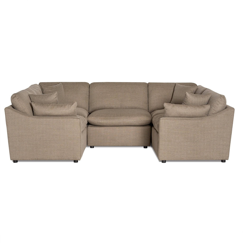 The My Cloud / Slope Arm is a modern, beige L-shaped sectional sofa with cushions on each section. It features clean lines and soft, textured fabric with machine-washable covers and sits on a plain white background.