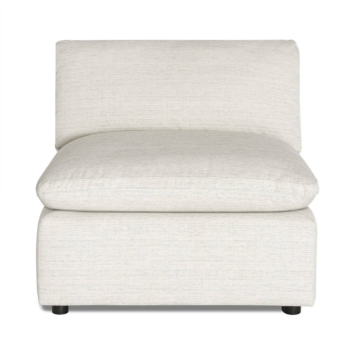 The My Cloud Slope Armless chair is a modern, minimalist piece with textured light gray fabric. It features a thick cushioned seat and backrest on small black legs, making it an ideal modular component for any versatile sectional setup.