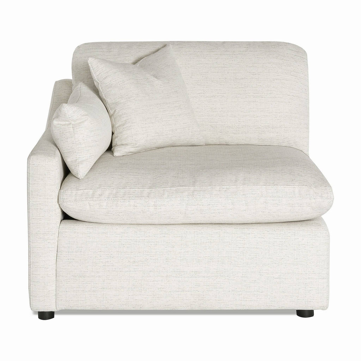 The My Cloud Slope Left Arm, a cozy cream-colored upholstered armchair with two square pillows, complements any living space. It boasts a modern design, slightly curved back, and short black legs, making it ideal as a modular component for versatile arrangements.