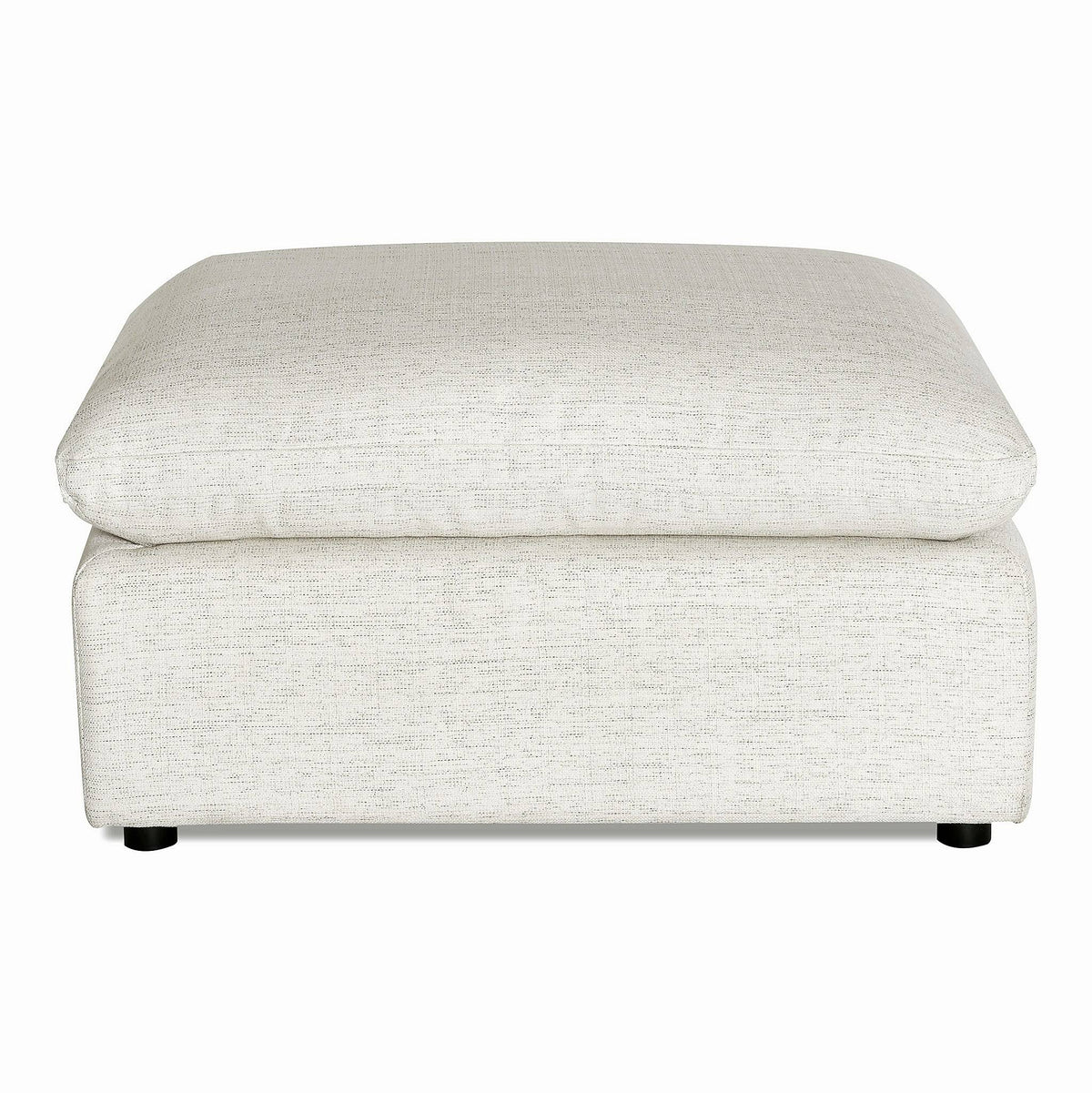 The My Cloud Slope 40 Ottoman, rectangular and light gray, blends comfort and style with its soft cushioned top. Its subtle fabric texture rests on small round black feet, making it a customizable piece suitable for seating or as a footrest.