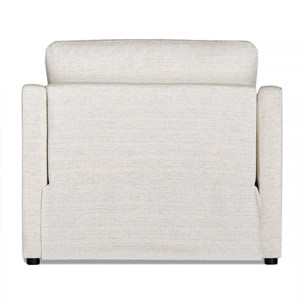 Back view of the My Cloud Slope Power Recliner, a light beige fabric chair with a tall backrest and square armrests. It has a textured surface, four small black legs, and combines comfort with customizable furniture options for your space.
