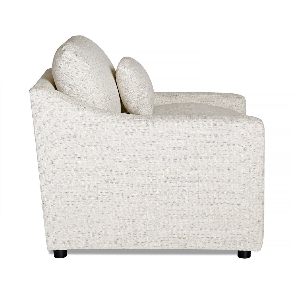 Side view of My Cloud Slope Power Recliner, a customizable white upholstered sofa with two large back cushions and one seat cushion. It features a modern, clean-lined design on dark round legs.