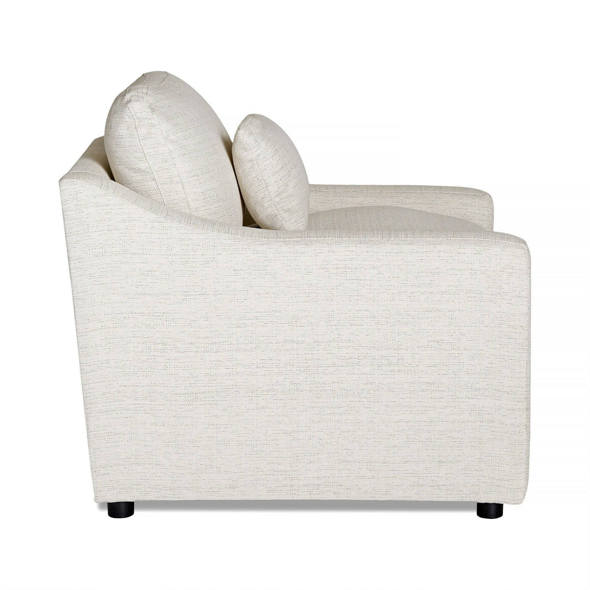 Side view of My Cloud Slope Power Recliner, a customizable white upholstered sofa with two large back cushions and one seat cushion. It features a modern, clean-lined design on dark round legs.