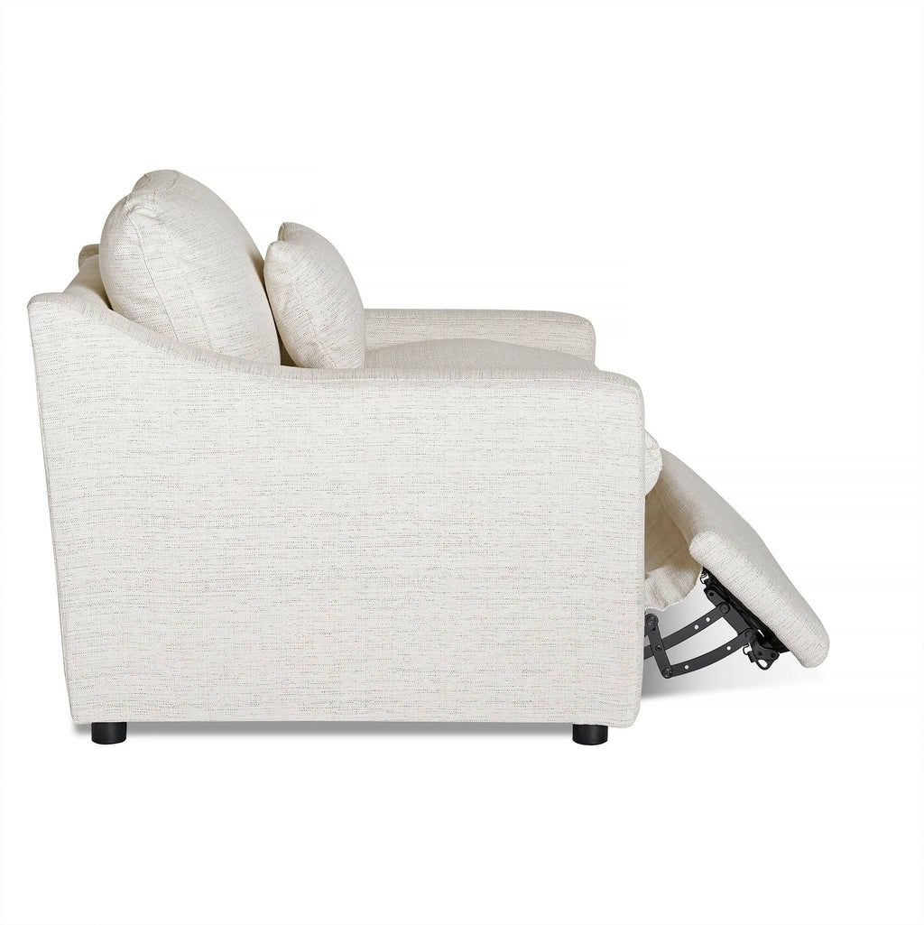 A side view of the My Cloud Slope Power Recliner sofa shows its beige upholstery, extended footrest, plush cushions, and sleek armrests. This customizable furniture piece is set against a clean white background.